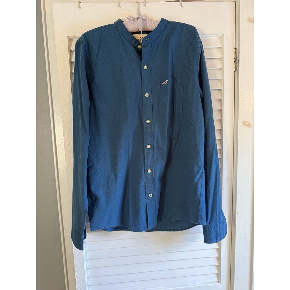 Hollister Men Teal Blue Cotton Band Collar Button Down Shirt L Casual Prep Indie